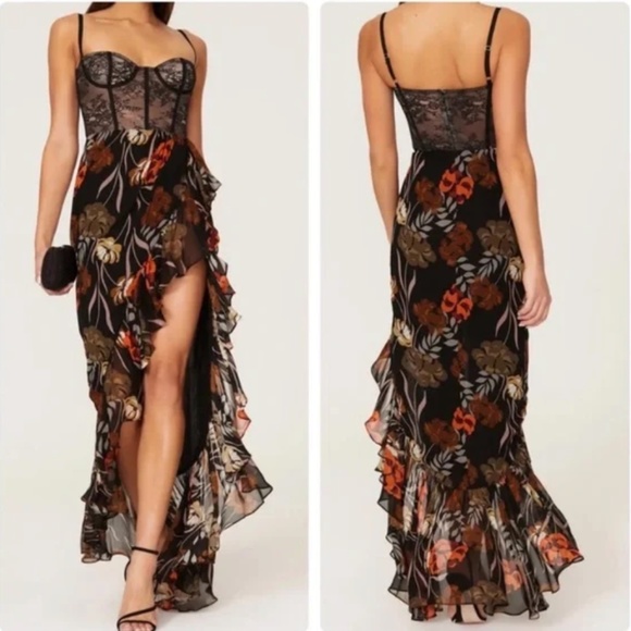 Katie May Dresses & Skirts - Katie May REVOLVE Senorita Bustier Floral Gown XS X Small Black Ruffle Dress